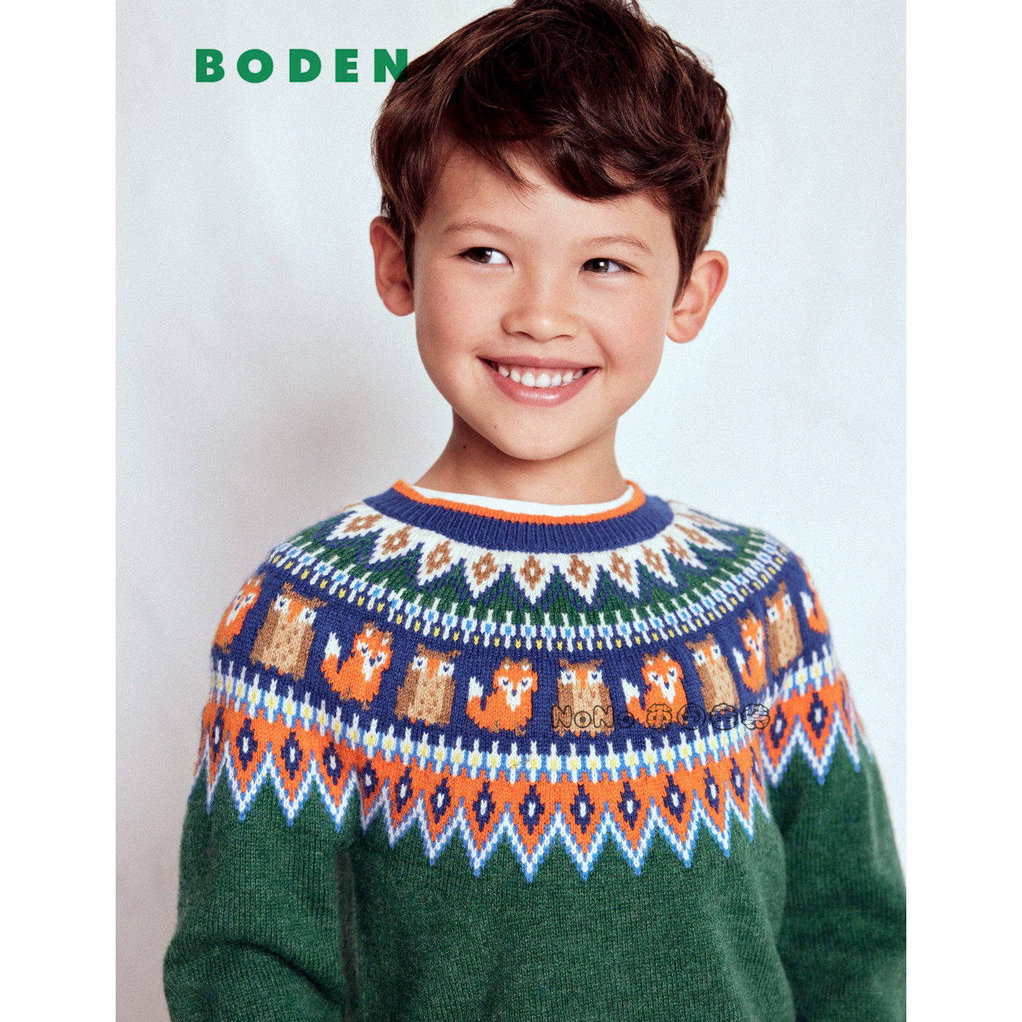 英国Mini BODEN男童狐狸绿色毛衣针织套衫羊毛费尔岛2-12岁B3072