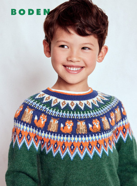 英国Mini BODEN男童狐狸绿色毛衣针织套衫羊毛费尔岛2-12岁B3072
