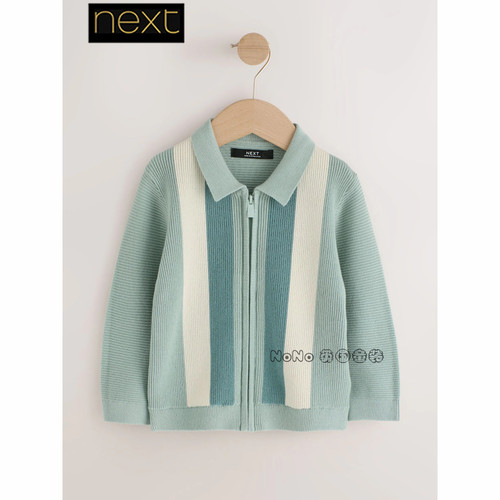 英国Next正品儿童蓝绿色条纹POLO开衫针织衫毛衣1-7岁新款G96-318