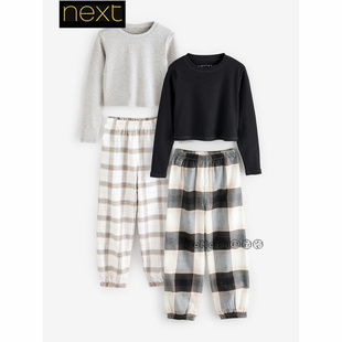 英国Next正品女大童亲子黑白灰色格子T恤长袖家居服睡衣裤E51-294