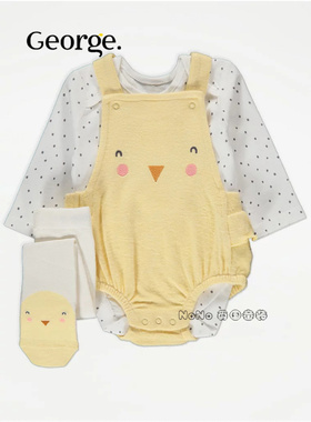 现货英国乔治George婴童黄色小鸡长袖包屁衣背带裤连裤袜可爱套装