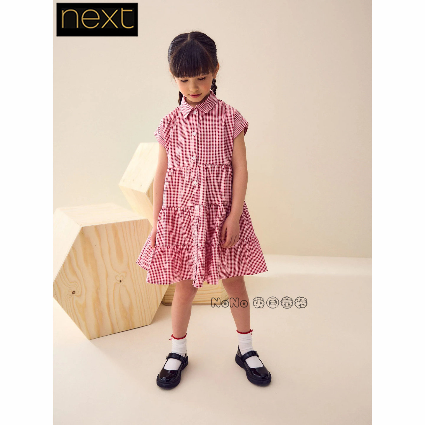 英国Next正品代购女大童红色格子学院风连衣裙英伦翻领AW4-869