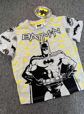 现货英国漫威男童灰色漫威蝙蝠侠卡通夏季短袖T恤运动衫