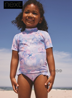 英国Next正品代购女童淡紫色闪亮蝴蝶分体泳防晒链短袖H39-000