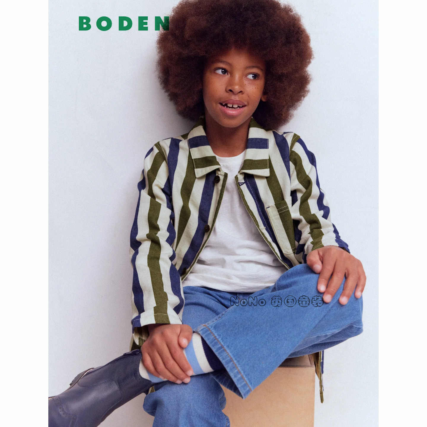 代购英国Mini BODEN男童蓝绿白色条纹衬衫式外套全棉2-14岁B3164