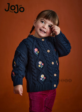 英国JoJo Maman Bebe女童蓝色刺绣花开襟毛衣针织衫1-9岁F78-870