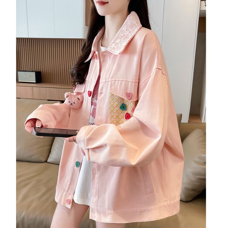 蕾丝拼接翻领外套女2025春秋新款韩版宽松甜美学生百搭夹克上衣潮