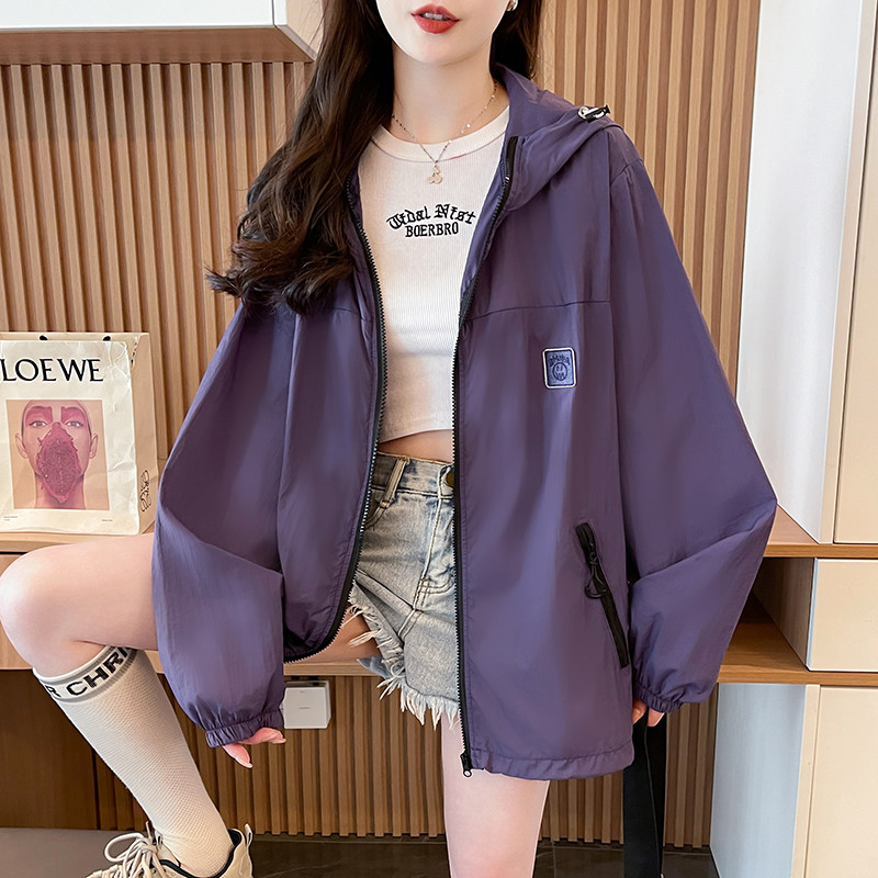 紫色速干防晒衣女中长款2025夏季新款宽松大码学院风百搭薄款外套
