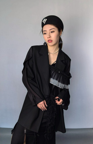 MOUXUER小众原创设计荷叶边飞飞袖西装外套女