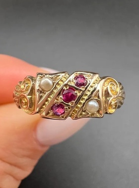 古董吉普赛戒指｜1907年爱德华时期｜天然红宝石珍珠｜9ct黄金