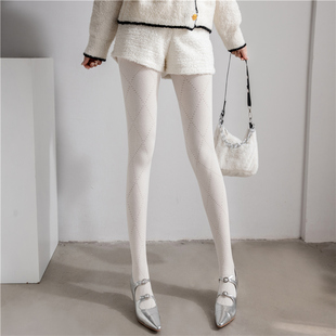 日本春秋款白色连裤袜羊绒保暖菱格打底裤女灰色打底袜