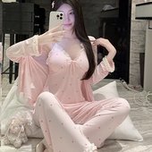 2026新款 家居服三件套 长裤 春秋季 睡衣女士蕾丝花边带胸垫吊带长袖