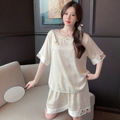 长裤 冰丝睡衣女2024年新款 三件家居服 国风盘扣短袖 短裤 夏季 新中式