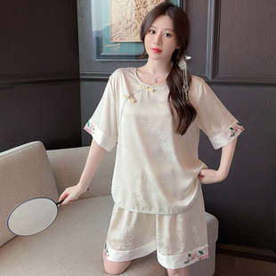 冰丝睡衣女2024年新款夏季新中式国风盘扣短袖短裤长裤三件家居服