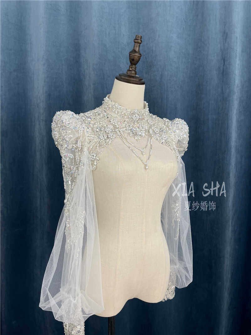重工珠片蕾丝流苏抹胸婚纱礼服单独肩饰长袖外搭遮肩膀披肩纱袖