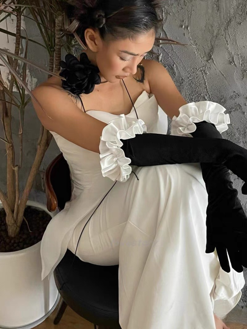 丝绒手套缎边打皱加长