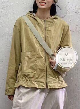 ED，88035锦棉复合里布带内贴布砂洗做旧带帽简约百搭女外套