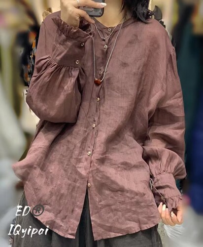 ed8949麻纱长袖衬衣夏季新款薄款纯麻衬衣圆领防晒开衫苎麻上衣