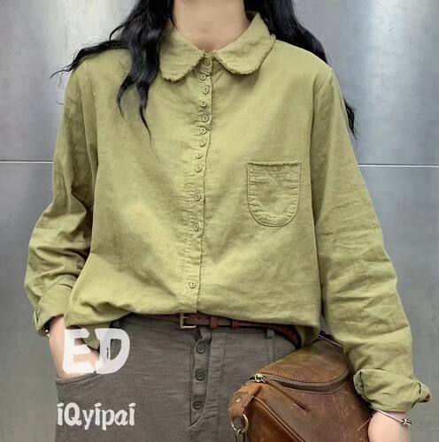 ED iqyipai双层8907棉麻衬衣女中长款纯色衬衣婴儿棉衬衫开衫上衣