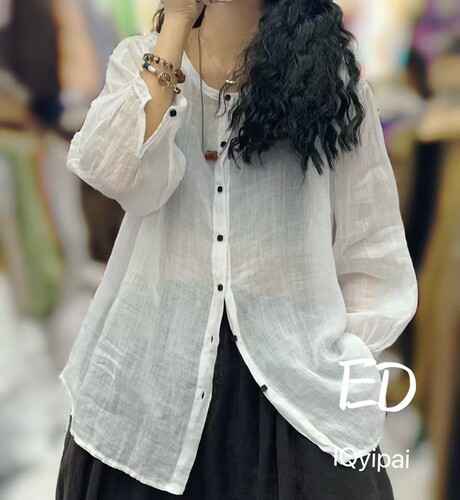 ed8806麻纱七分袖衬衣夏季新款薄款纯麻衬衣圆领防晒开衫苎麻上衣