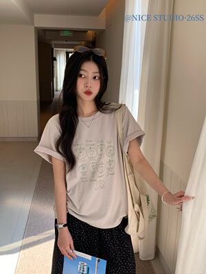 NICE STUDIO奶思家10822宽松卡通印花短袖T恤女百搭休闲上衣显瘦