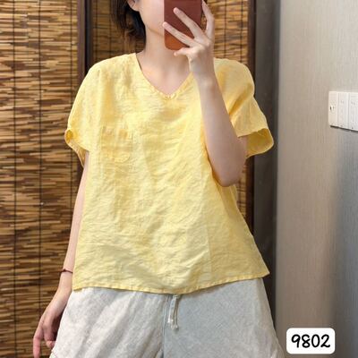 希哦9802#砂洗亚麻包边小飞袖套头上衣女简约时尚百搭纯色短袖T恤