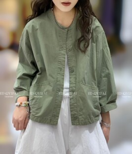 ED3473#春夏季宽松显瘦纯色圆领外搭外套女复古文艺休闲百搭外套