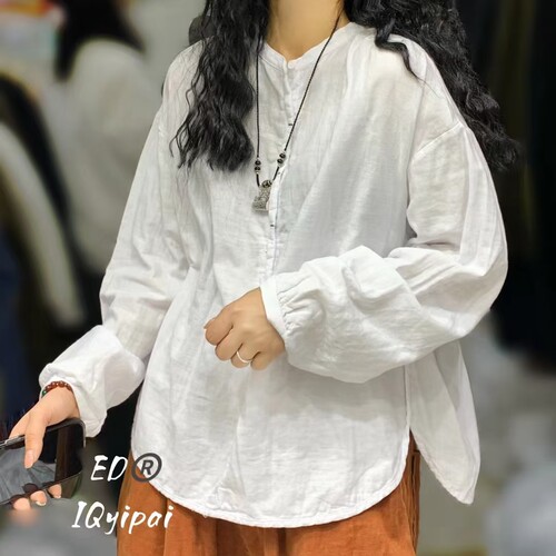 3626双纱棉棉纱圆领开衫女春秋新款文艺宽松衬衫百搭纯色棉麻上衣