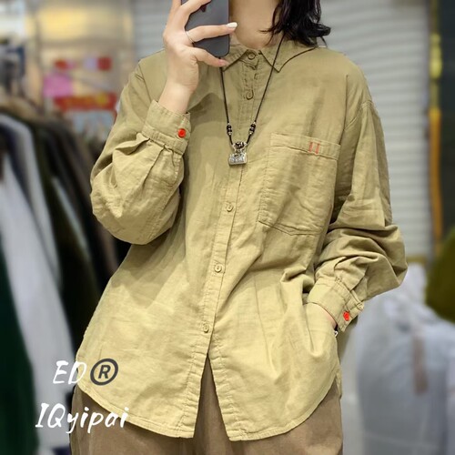 ED正品8930#双层纱棉麻撞色扣大版韩版衬衫上衣