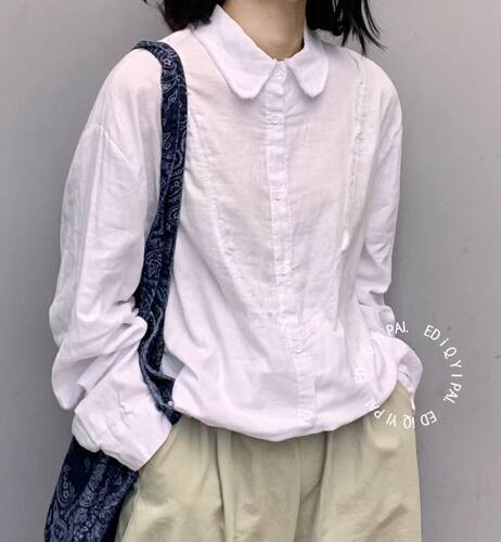 ED，88166#砂洗棉麻双纱棉纯棉洗水破边设计时尚百搭简约女衬衣