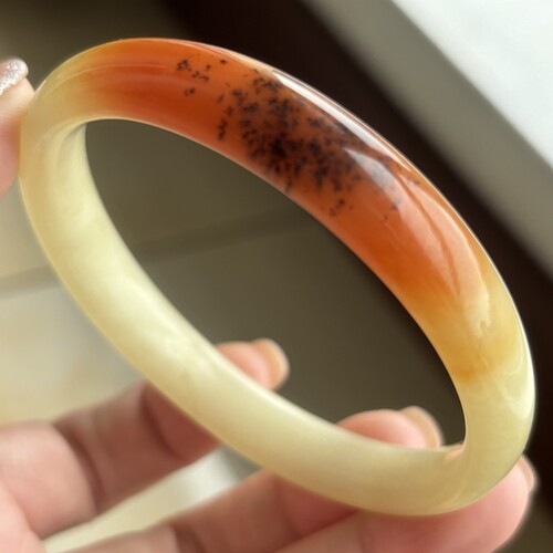 天然岫玉辽阳花玉橘白草花俏色女士手镯61-11-7.2mm正品包邮