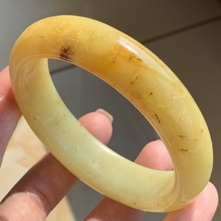 9.3mm正品 52.2 天然岫玉辽阳花玉奶黄包金草花贵妃女士手镯61.3