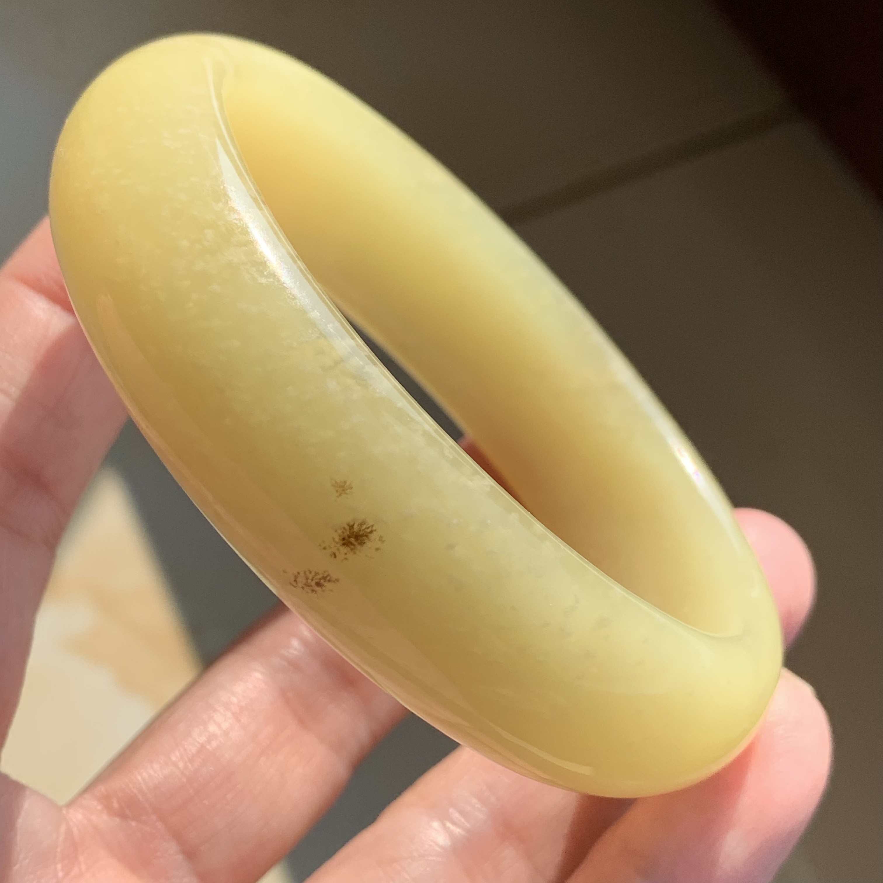 天然岫玉辽阳花玉奶黄包雪花贵妃手镯60-50.7-8.7mm正品包邮