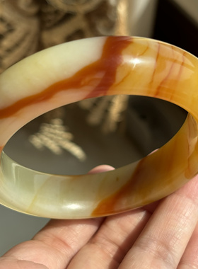天然岫岩玉辽阳花玉多色鸡油黄血管手镯60.7-17.6-11.2mm正品包邮