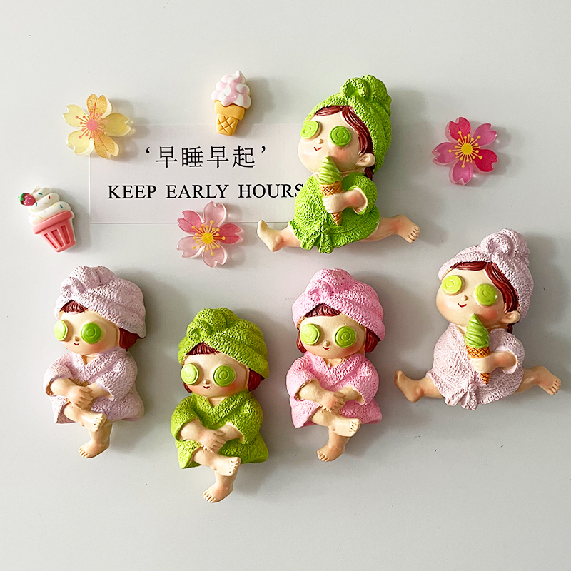 创意劈叉翘腿浴袍女孩冰箱贴搞笑卡通面膜人物树脂磁贴磁性装饰贴