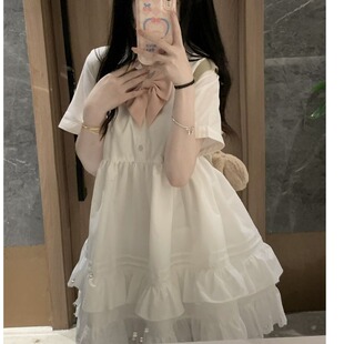 甜美软妹蝴蝶结翻领短袖连衣裙女韩版显瘦学院风学生初恋蛋糕裙子