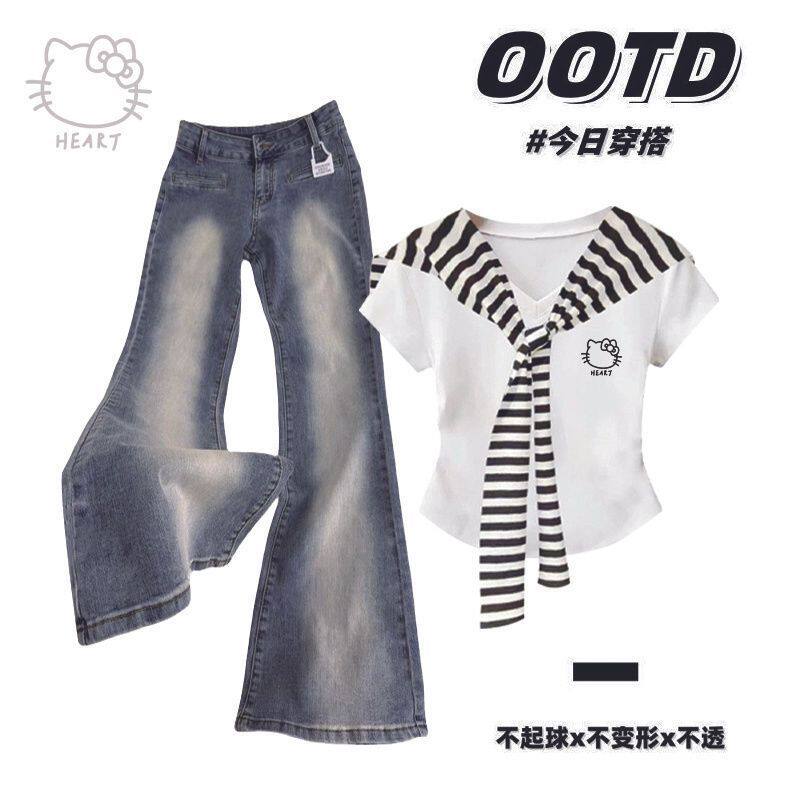 单/套装中大童小众设计夏季披肩短袖印花t恤微喇叭牛仔裤套装潮女