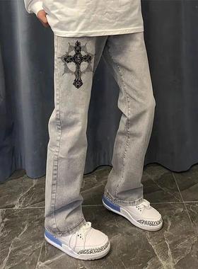 中大童美式高街百搭显瘦男女牛仔裤休闲潮ins直筒加绒烟灰色裤子