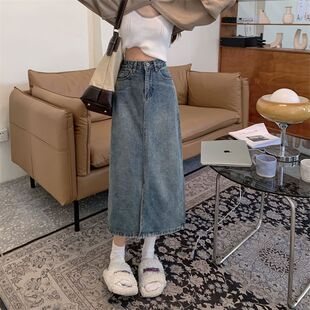 2023夏天中长款牛仔裙中大童百搭开叉高腰a字包臀学生半身裙子潮