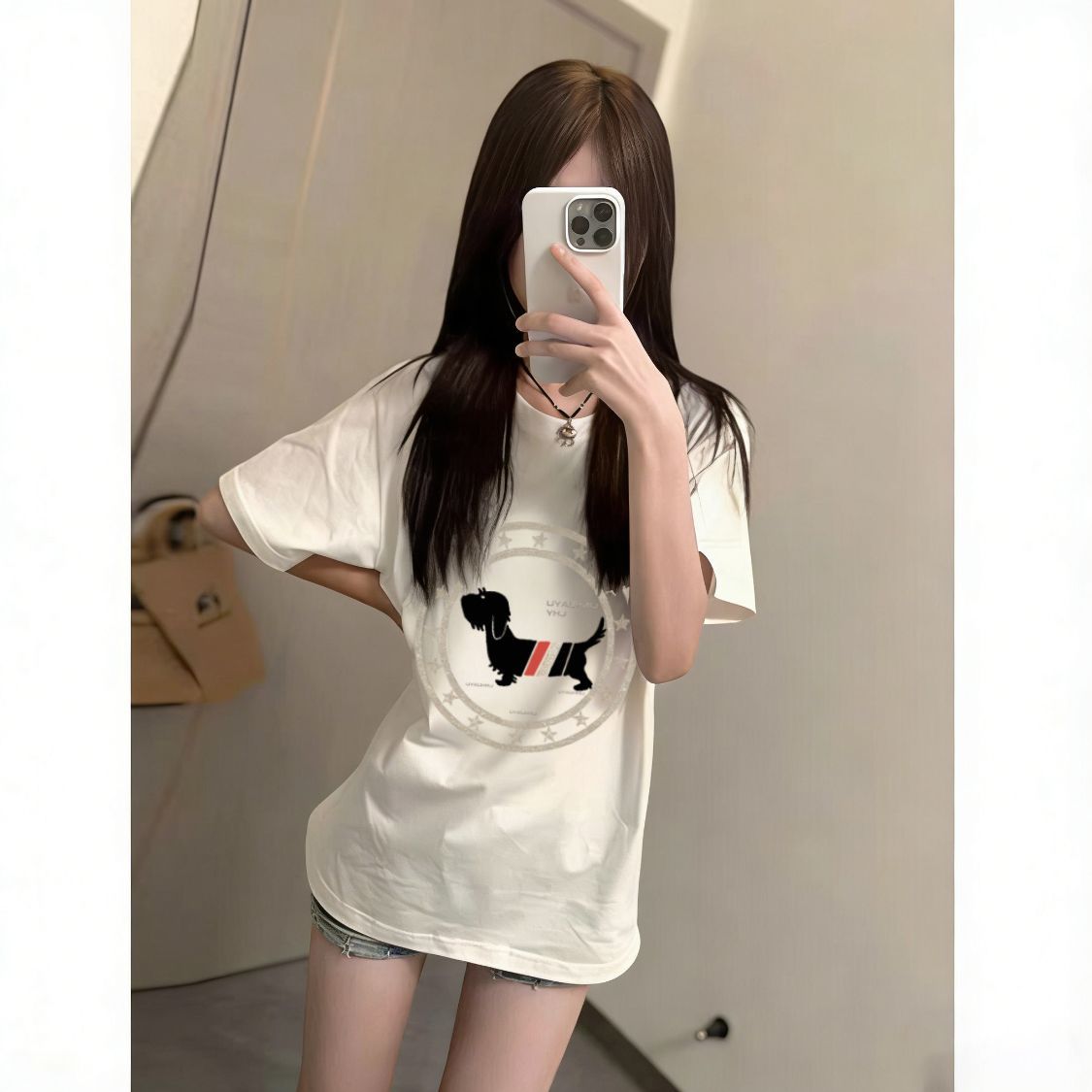 快手网红同款社会女夏季新款印花圆盘小狗短袖t恤宽松中大童上衣