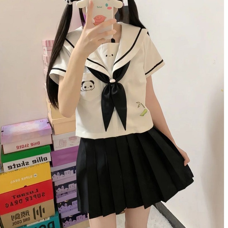 小熊猫jk日系制服熊猫上衣水手服中大童套装可爱百褶裙软妹两件套