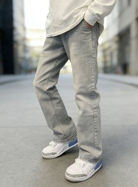 烟灰色牛仔裤2026春秋新款纯色裤子中大童ins风显瘦百搭阔腿裤男
