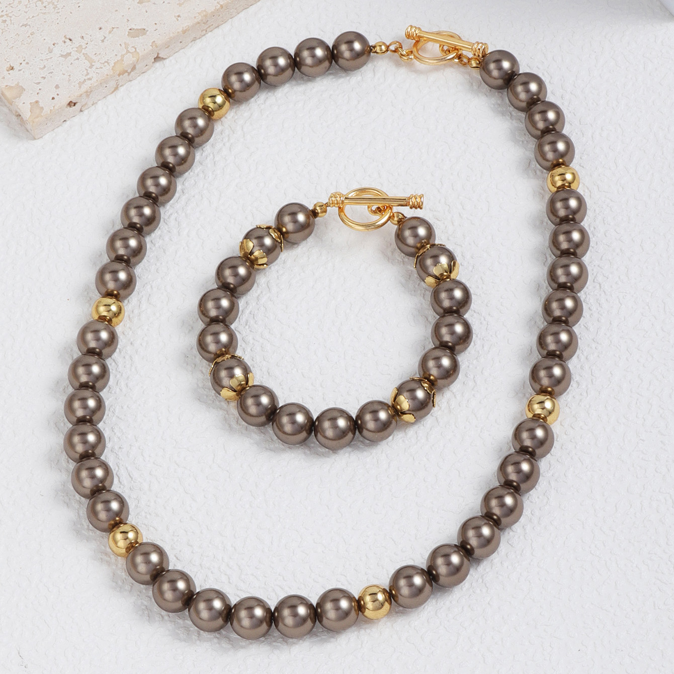 镀真金棕色珍珠短款气质项链手链