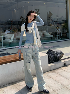 LE LIEBE 夏季新款 水洗磨破浅色牛仔裤 高街直筒松垂感 美式复古