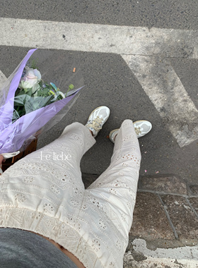 LE LIEBE女夏季 薄款松紧腰直筒长裤 设计感裤子 镂空法式 百搭