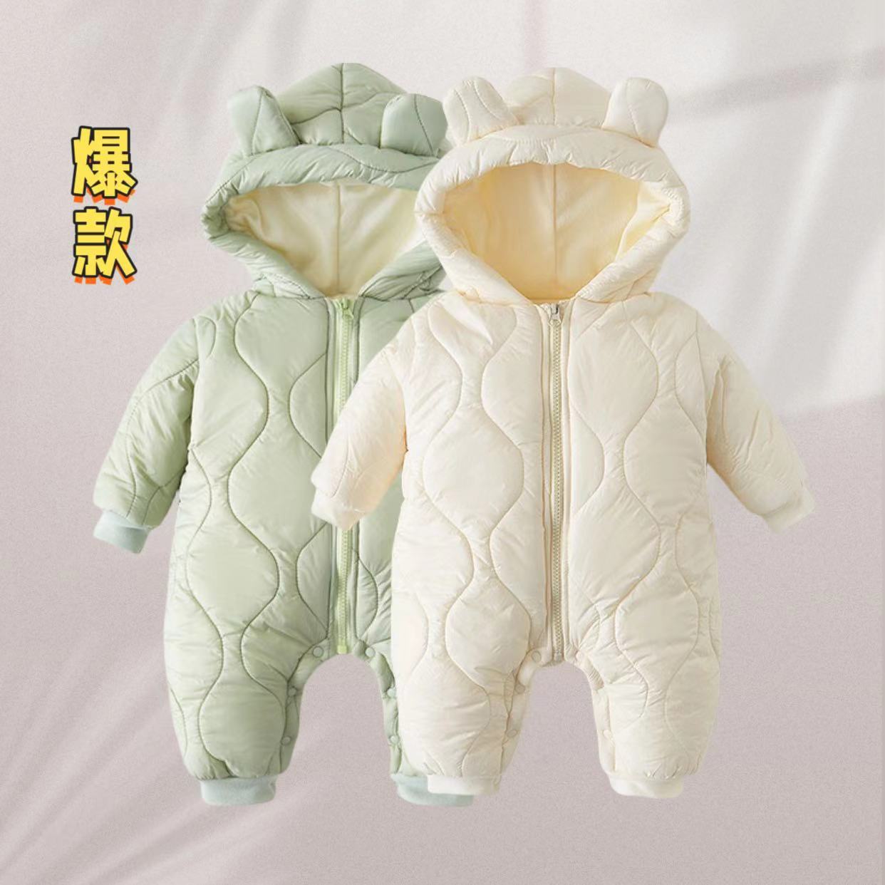 新款婴儿连体衣秋冬加绒外出棉服新生儿衣服冬季宝宝满月百天哈衣
