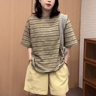 休闲百搭显瘦圆领上衣 设计感提花条纹短袖 T恤女2025夏季 新款 时尚