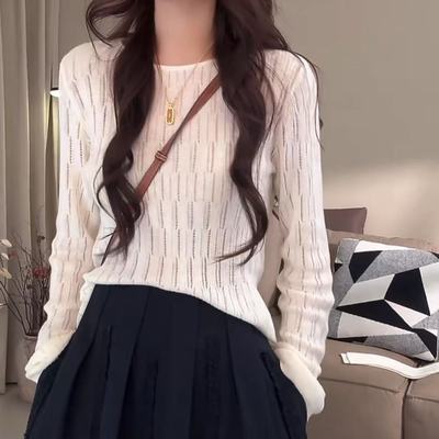 时尚镂空圆领长袖针织衫