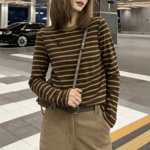 潮牌撞色黄条纹长袖T恤女2026秋季新款宽松百搭显瘦内搭打底衫ins