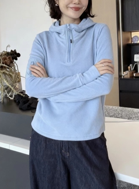 设计感重工口袋双面德绒半拉链连帽卫衣女时尚显瘦保暖长袖上衣潮